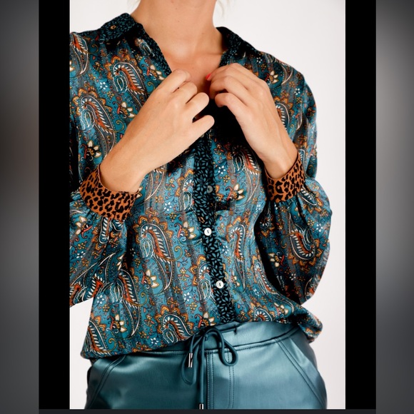 Esqualo green multi print semi sheer blouse size 12 - Picture 1 of 13